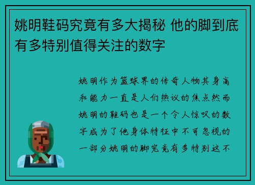 姚明鞋码究竟有多大揭秘 他的脚到底有多特别值得关注的数字