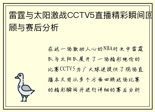 雷霆与太阳激战CCTV5直播精彩瞬间回顾与赛后分析